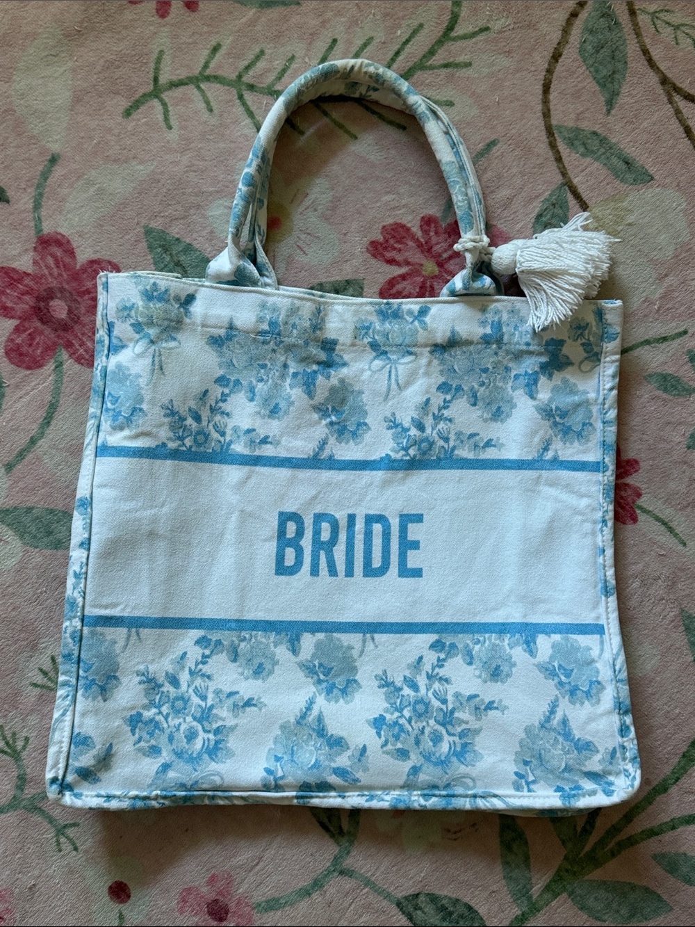 Love Shack Fancy inspired Bride Floral Canvas Tote Bag in Light Blue